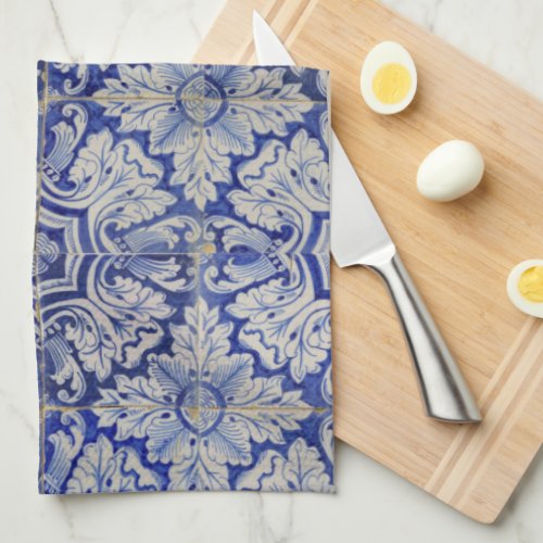 Blue  White Mediterranean Vintage Floral Pattern  Kitchen Towel
