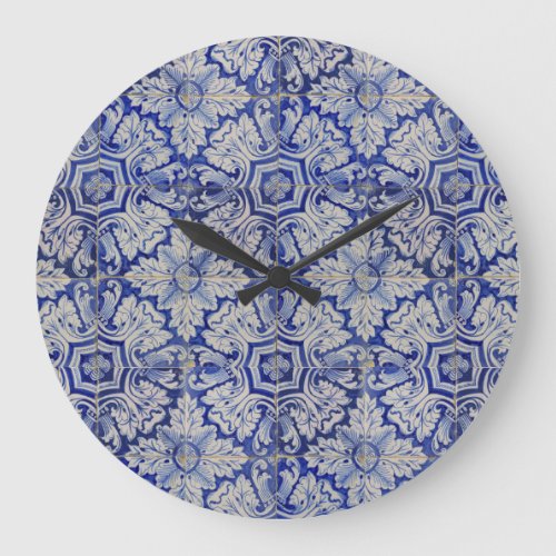 Blue  White Mediterranean Vintage Floral Pattern Large Clock