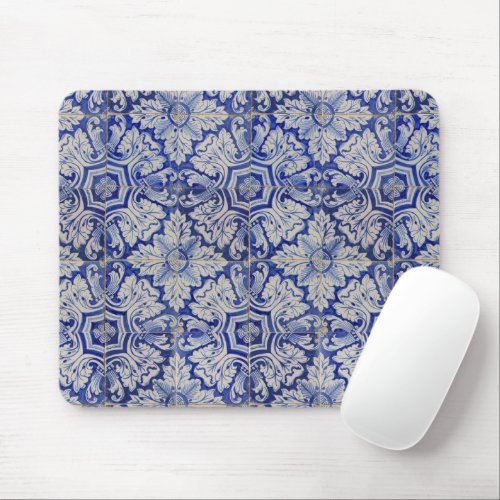 Blue  White Mediterranean Vintage Floral Pattern Mouse Pad