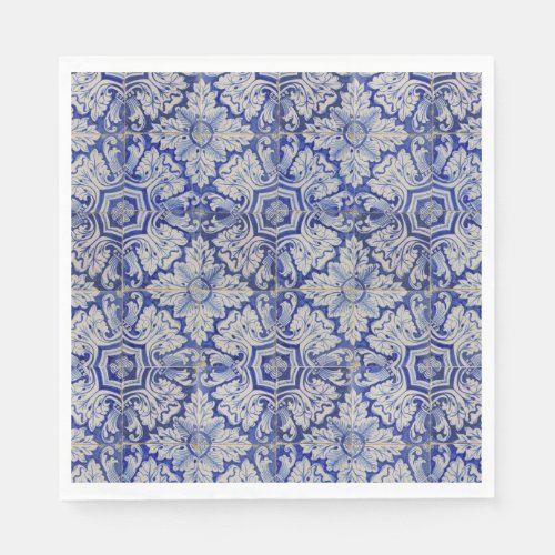 Blue  White Mediterranean Vintage Floral Pattern  Napkins