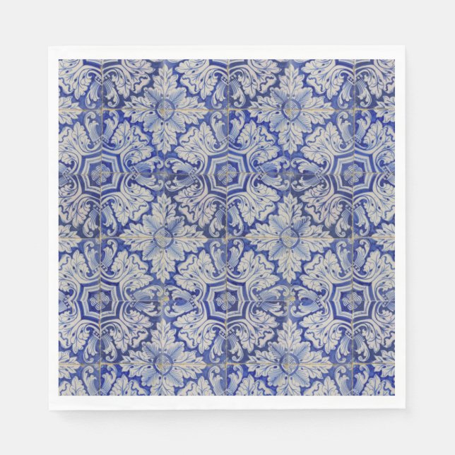 Blue & White Mediterranean Vintage Floral Pattern  Napkins (Front)