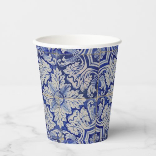 Blue  White Mediterranean Vintage Floral Pattern  Paper Cups