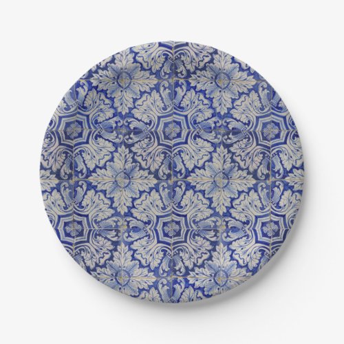 Blue  White Mediterranean Vintage Floral Pattern Paper Plates