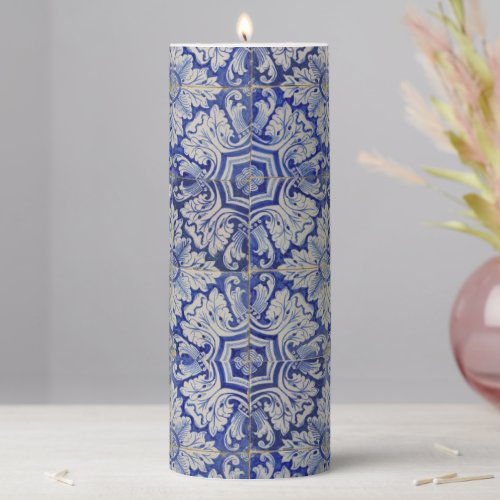 Blue  White Mediterranean Vintage Floral Pattern Pillar Candle