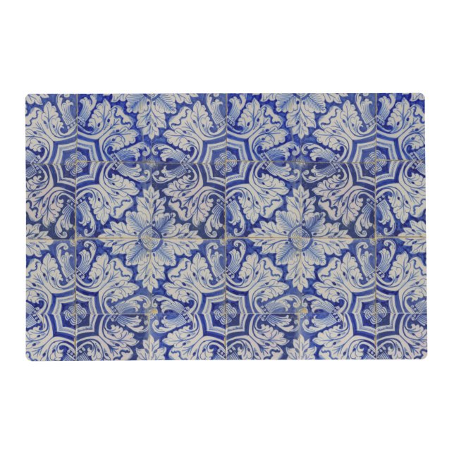 Blue & White Mediterranean Vintage Floral Pattern Placemat (Front)