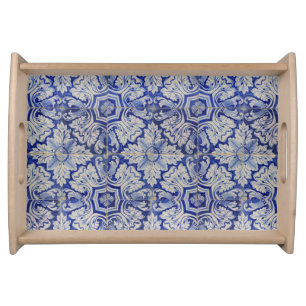 Blue & White Mediterranean Vintage Floral Pattern Serving Tray