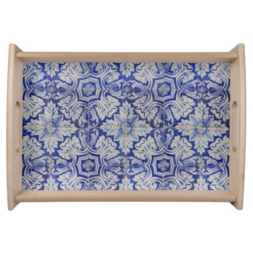 Blue  White Mediterranean Vintage Floral Pattern  Serving Tray