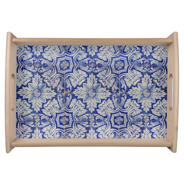 Blue & White Mediterranean Vintage Floral Pattern  Serving Tray (Front)