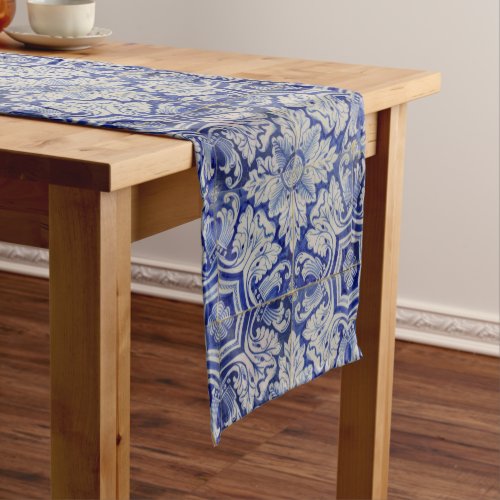 Blue  White Mediterranean Vintage Floral Pattern Short Table Runner