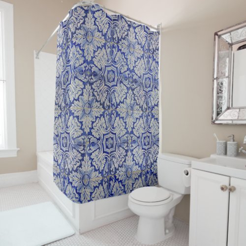 Blue  White Mediterranean Vintage Floral Pattern Shower Curtain