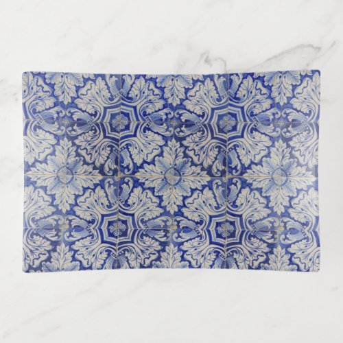 Blue  White Mediterranean Vintage Floral Pattern Trinket Tray
