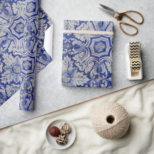 Blue  White Mediterranean Vintage Floral Pattern Wrapping Paper