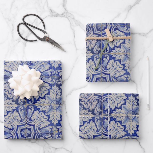 Blue & White Mediterranean Vintage Floral Pattern  Wrapping Paper Sheets (Front)