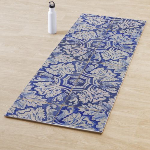 Blue  White Mediterranean Vintage Floral Pattern Yoga Mat