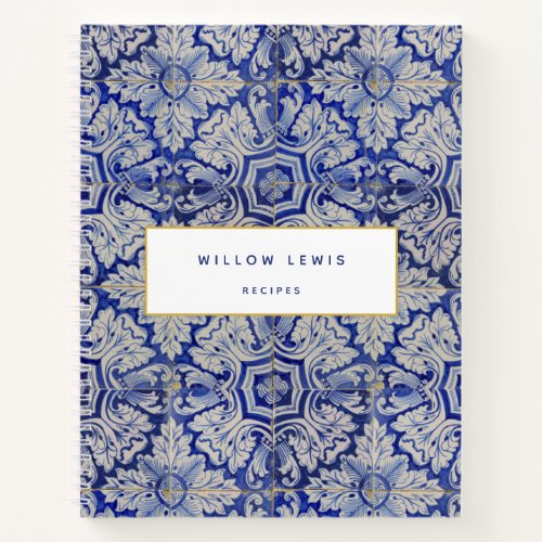 Blue  White Mediterranean Vintage Floral Recipe Notebook