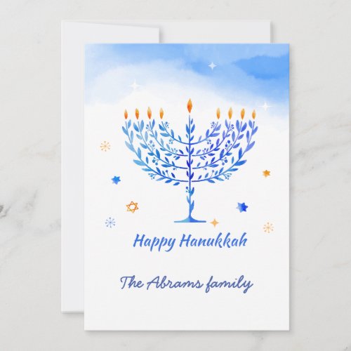 Blue  white Menorah Candles with Hanukkah wishes Thank You Card