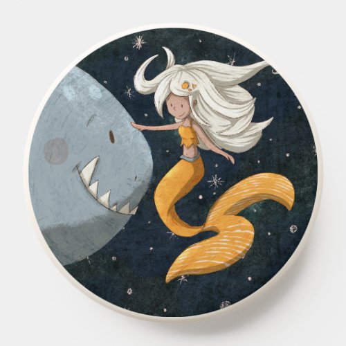 Blue White Mermaid with Shark Under the Sea PopSocket