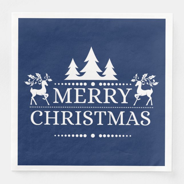 Blue & White Merry Christmas Paper Napkins (Front)