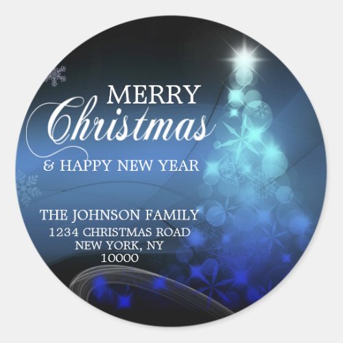Blue White MERRY CHRISTMAS Tree Return Address Classic Round Sticker