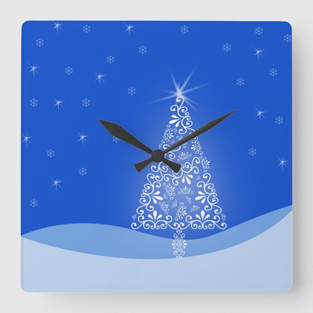 Blue White Merry Christmas Tree Stars Night Light Square Wall Clock (Front)