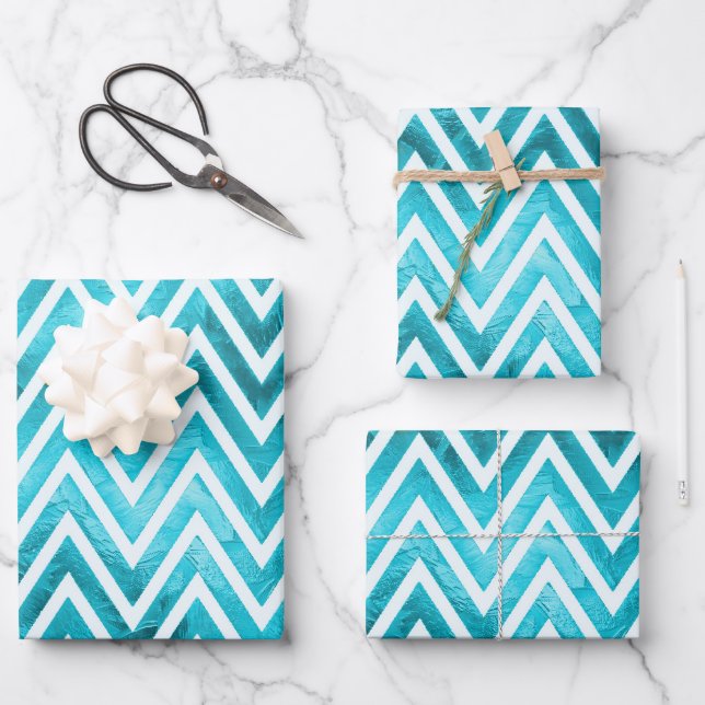 blue white metallic chevron pattern background wrapping paper sheets (Front)
