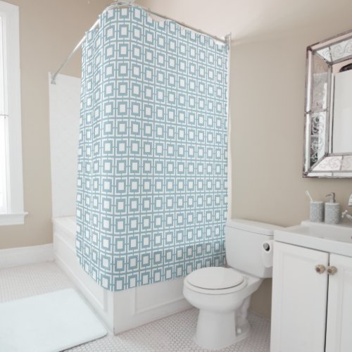 Blue White Mid Century Square Breeze Block Pattern Shower Curtain