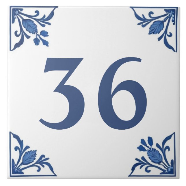Blue White Minimal Delft Custom House Number Sign Ceramic Tile (Front)