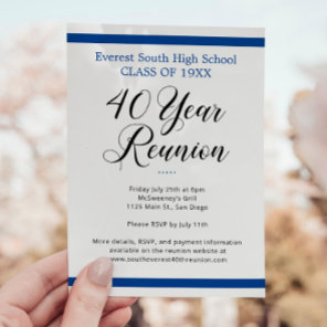 Blue White Minimalist 40 Years 40th Class Reunion Invitation