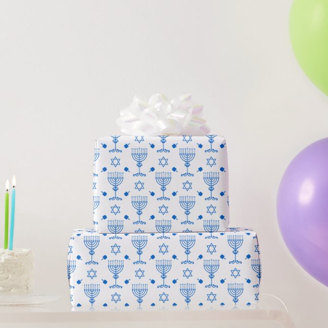 Blue White Minimalist Menorah David Star Hanukkah Wrapping Paper (Party Gifts)