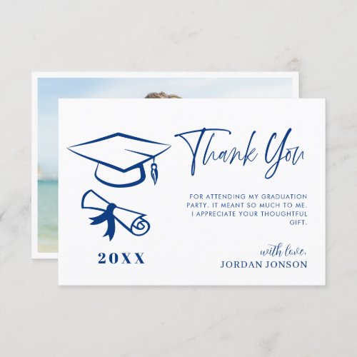 Blue White Minimalist Modern Graduation Photo Thank You Card