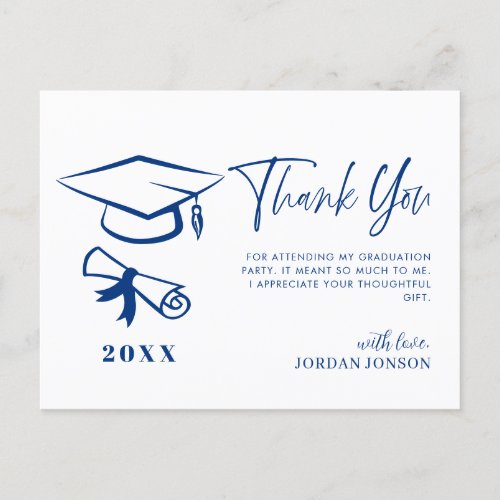 Blue White Minimalist Modern Graduation Thank You Postcard