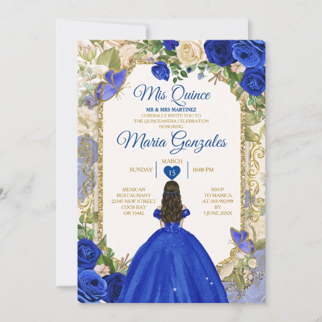Blue & White Mis Quince 15 Anos Gold Crown Invitation (Front)