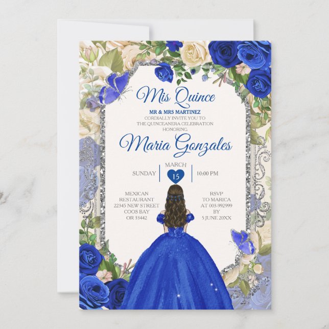Blue & White Mis Quince 15 Anos Silver Crown Invitation (Front)