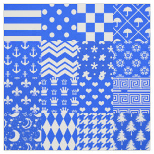 Blue White Mixed Patterns Patchwork Design  Fabric