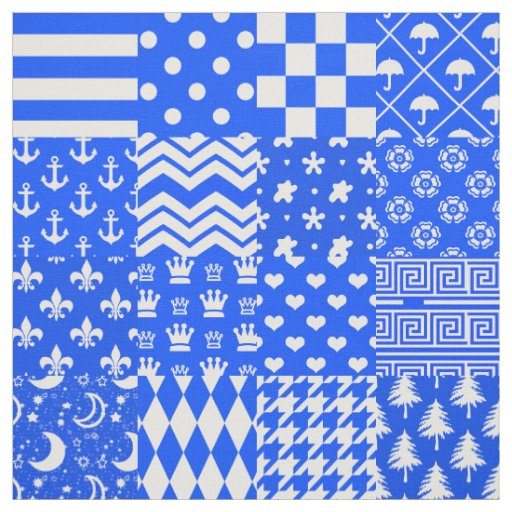 Blue White Mixed Patterns Patchwork Design  Fabric
