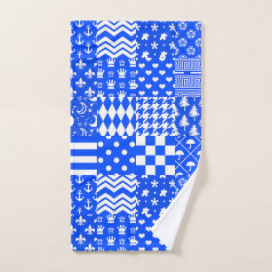 Blue White Mixed Patterns Patchwork Design Hand Towel