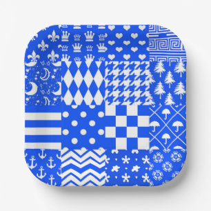 Blue White Mixed Patterns Patchwork Design Paper Plates