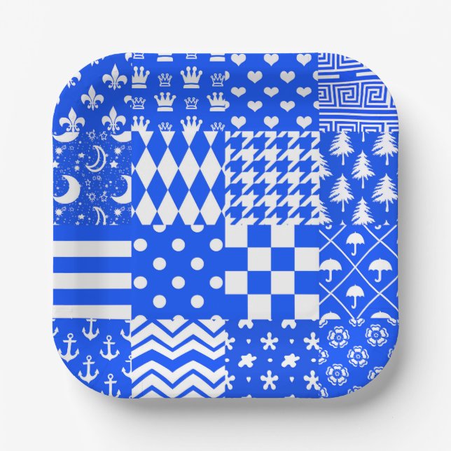 Blue White Mixed Patterns Patchwork Design  Paper Plates (Front)