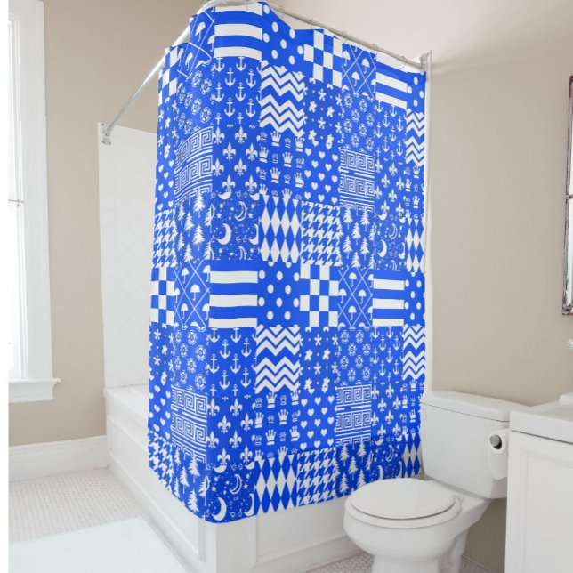 Blue White Mixed Patterns Patchwork Design  Shower Curtain (Creator Uploaded)