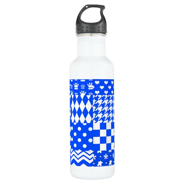 Blue White Mixed Patterns Patchwork Design  Stainless Steel Water Bottle (Front)
