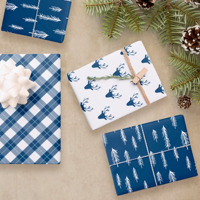 Blue White Mixed Rustic Patterns Deer Woods Plaid Wrapping Paper Sheets (Creator Uploaded)