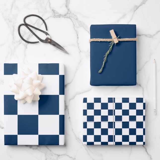Blue White Modern Check  Wrapping Paper Sheets (Front)