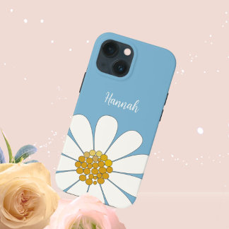 Blue  White Modern Daisy Flower Personalize Name  iPhone 13 Mini Case