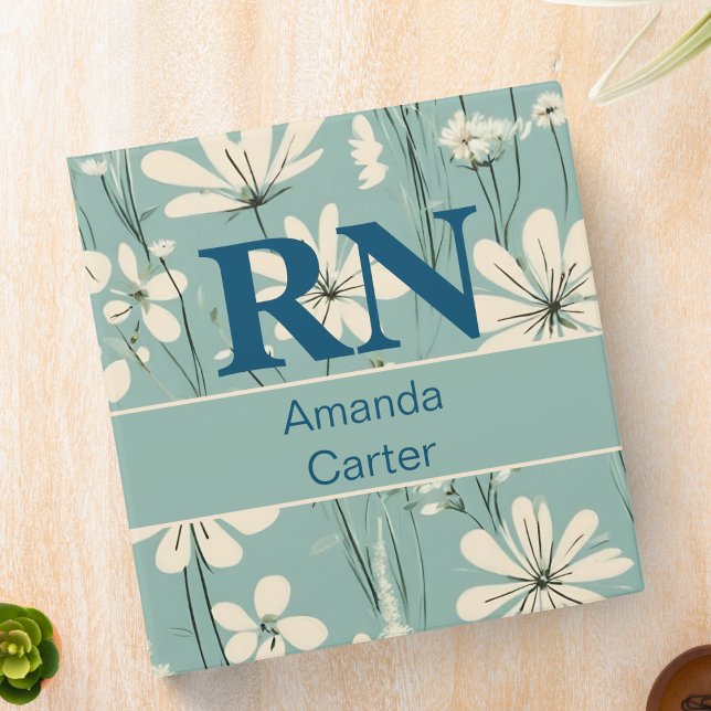 Blue White Modern Daisy Personalized Name RN Nurse 3 Ring Binder (Creator Uploaded)