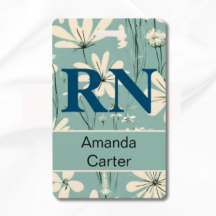 Blue White Modern Daisy Personalized Name RN Nurse Badge