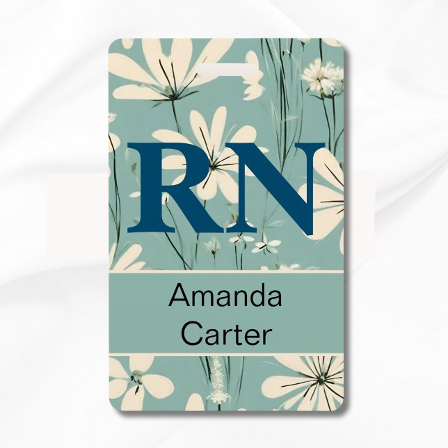 Blue White Modern Daisy Personalized Name RN Nurse Badge (Creator Uploaded)