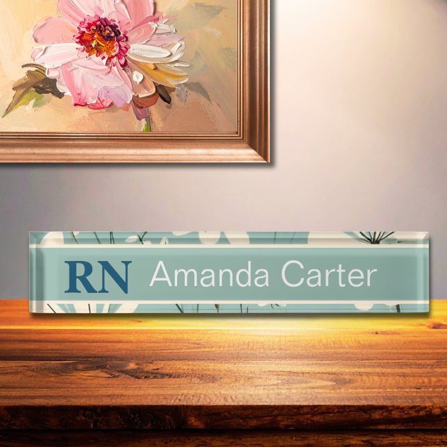 Blue White Modern Daisy Personalized Name RN Nurse Desk Name Plate (Creator Uploaded)
