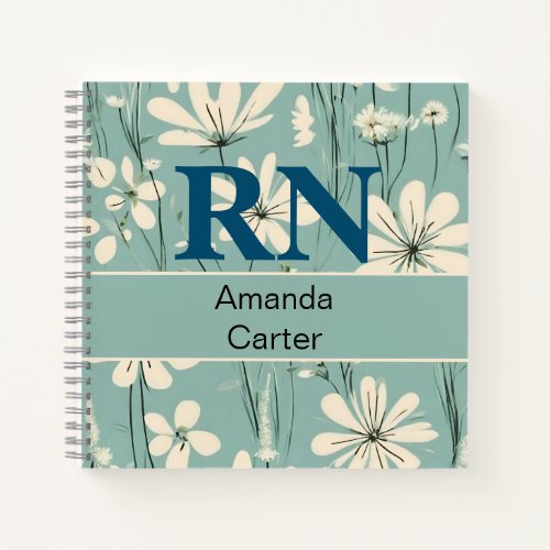 Blue White Modern Daisy Personalized Name RN Nurse Notebook