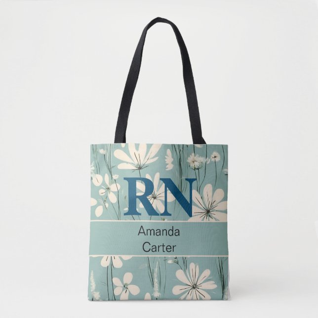Blue White Modern Daisy Personalized Name RN Nurse Tote Bag (Front)