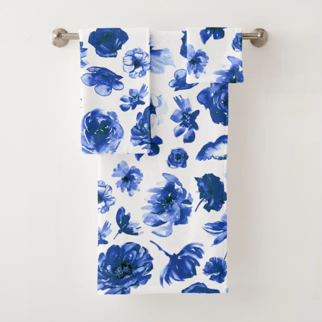 Blue White Modern Floral Bath Towel Set | Zazzle